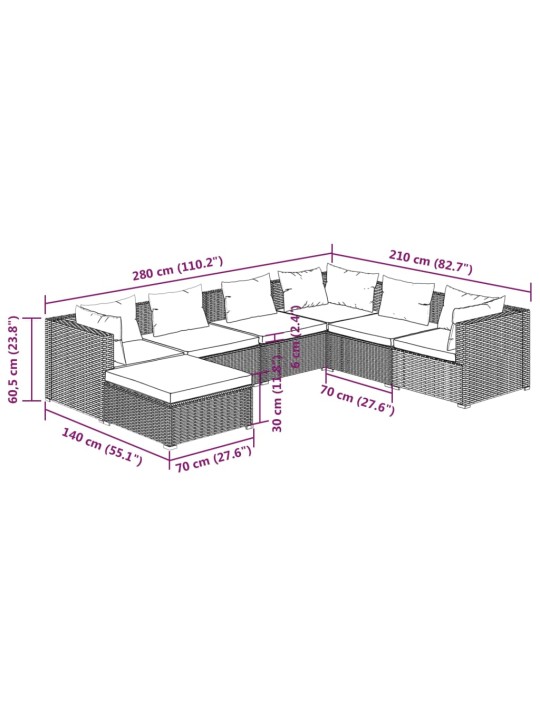 7-osainen Puutarhasohvasarja tyynyillä polyrottinki ruskea