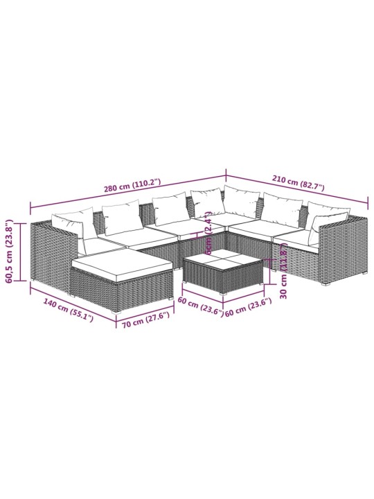 8-osainen Puutarhasohvasarja tyynyillä polyrottinki ruskea