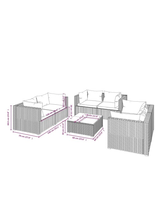 7-osainen Puutarhasohvasarja tyynyillä polyrottinki ruskea