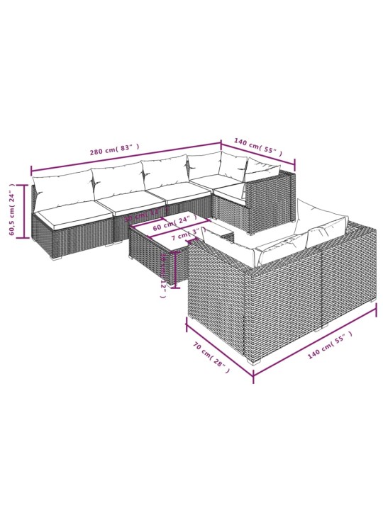 8-osainen Puutarhasohvasarja tyynyillä polyrottinki ruskea