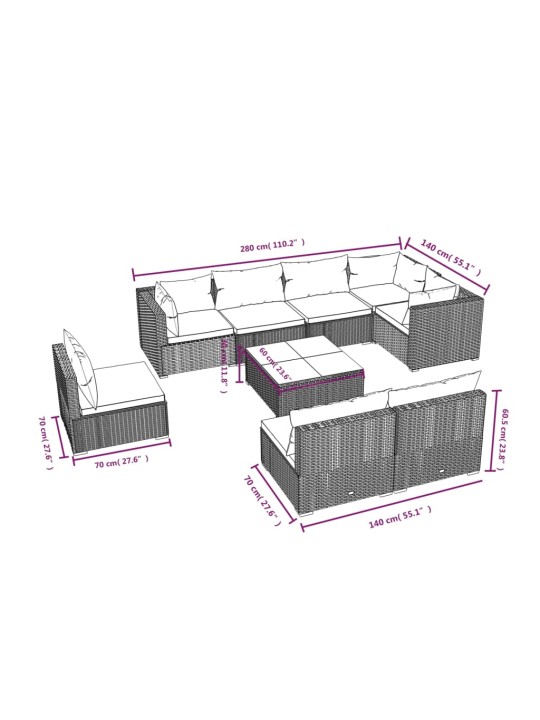 9-osainen Puutarhasohvasarja tyynyillä polyrottinki ruskea