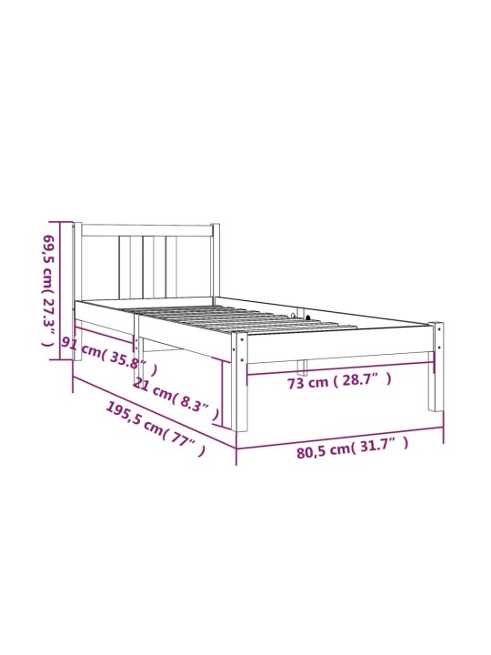 Sängynrunko harmaa täysi puu 75x190 cm 2FT6 Small Single
