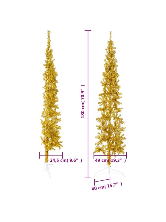 Kapea puolikas tekojoulukuusi jalustalla kulta 180 cm