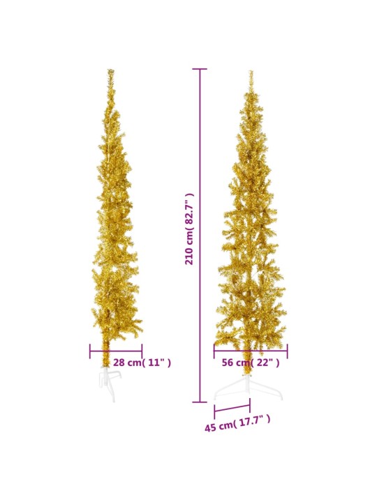 Kapea puolikas tekojoulukuusi jalustalla kulta 210 cm