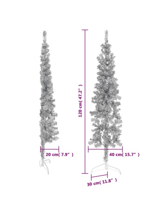 Kapea puolikas tekojoulukuusi jalustalla hopea 120 cm