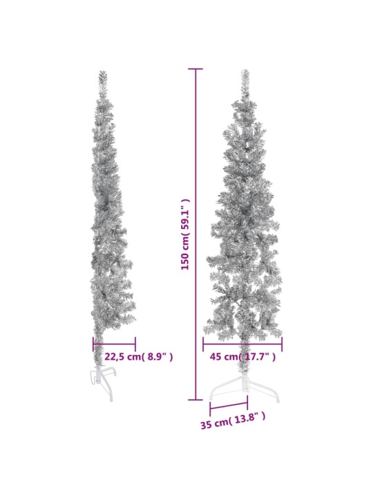 Kapea puolikas tekojoulukuusi jalustalla hopea 150 cm