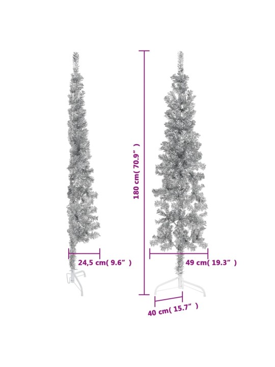 Kapea puolikas tekojoulukuusi jalustalla hopea 180 cm