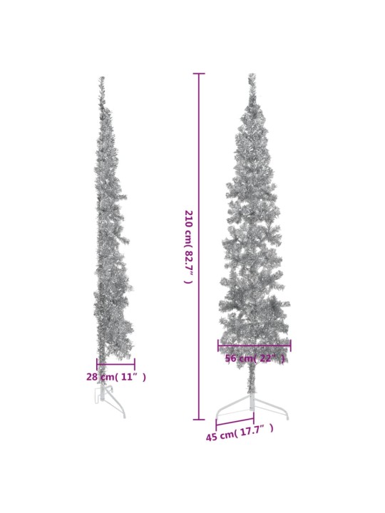 Kapea puolikas tekojoulukuusi jalustalla hopea 210 cm