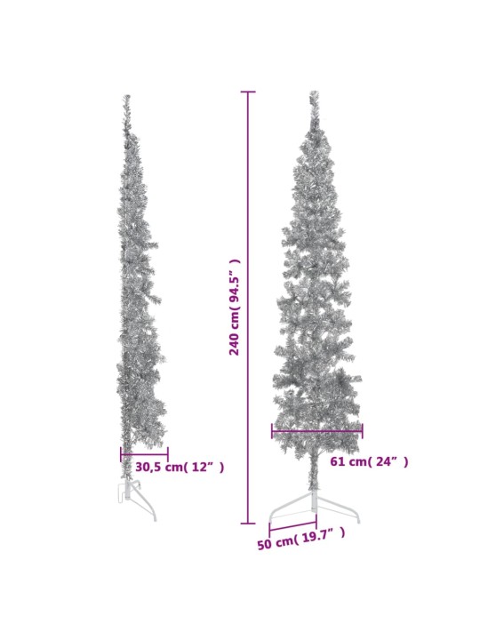 Kapea puolikas tekojoulukuusi jalustalla hopea 240 cm