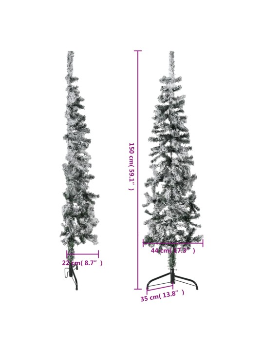 Kapea puolikas tekojoulukuusi lumihuurteella 150 cm