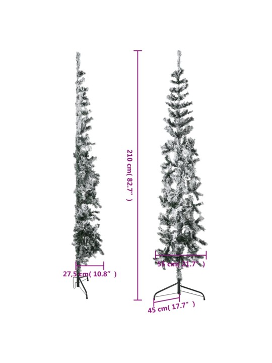 Kapea puolikas tekojoulukuusi lumihuurteella 210 cm