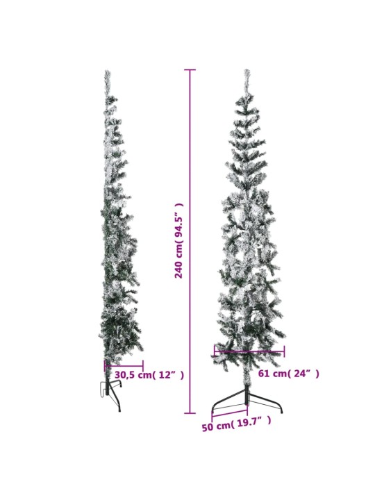 Kapea puolikas tekojoulukuusi lumihuurteella 240 cm