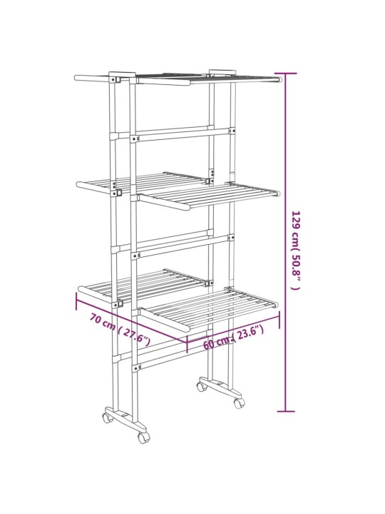 3-kerroksinen Pyykinkuivausteline pyörillä hopea 60x70x129 cm