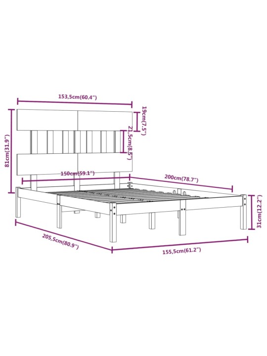 Sängynrunko valkoinen täysi puu 150x200 cm 5FT King Size