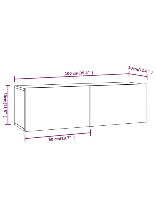 TV-seinäkaapit 2 kpl valkoinen 100x30x30 cm tekninen puu