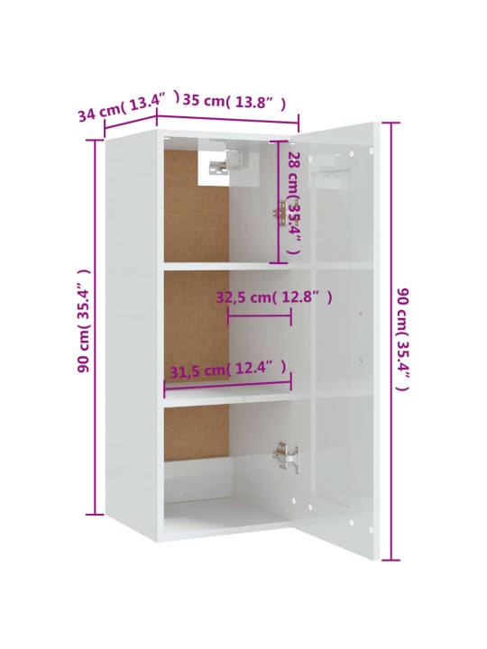 Riippuva kaappi korkeakiilto valkoinen 35x34x90 cm tekninen puu