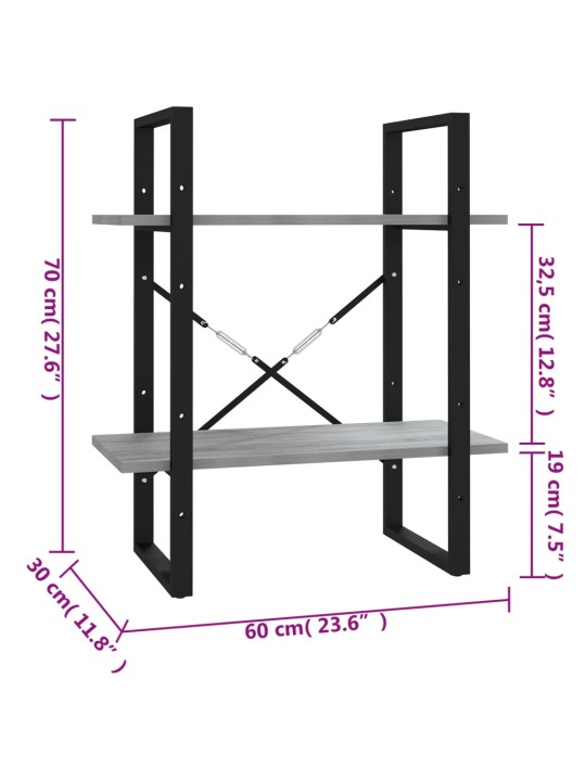 2-kerroksinen Kirjahylly harmaa Sonoma 60x30x70 cm tekninen puu