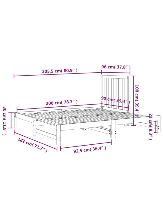 Sohvasänky ulosvedettävä musta 2x (90x200) cm täysi mänty