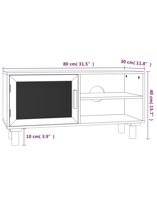 TV-taso musta 80x30x40 cm täysi mänty ja luonnonrottinki