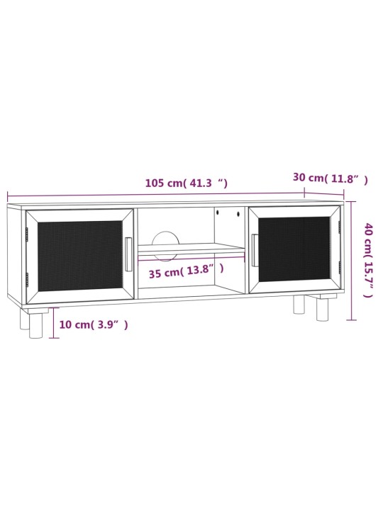 TV-taso valkoinen 105x30x40 cm täysi mänty ja luonnonrottinki