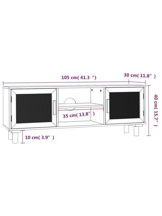 TV-taso musta 105x30x40 cm täysi mänty ja luonnonrottinki