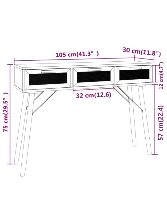 Konsolipöytä musta 105x30x75 cm täysi mänty ja rottinki