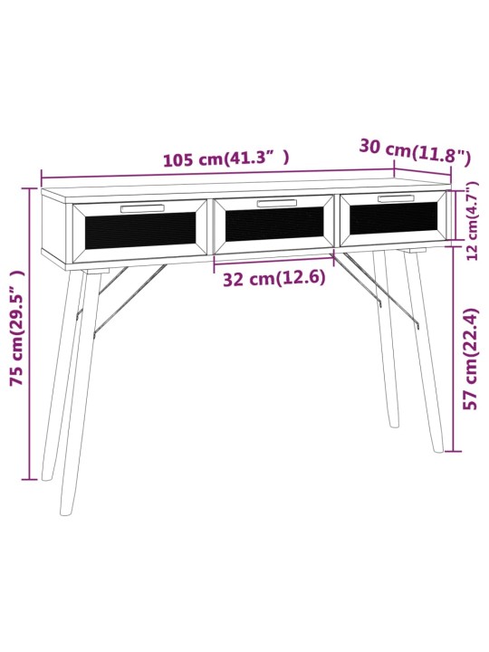 Konsolipöytä ruskea 105x30x75 cm täysi mänty ja rottinki