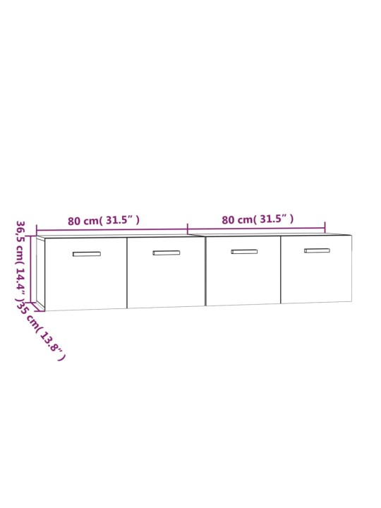 Seinäkaapit 2 kpl korkeakiilto valk. 80x35x36,5 cm tekninen puu