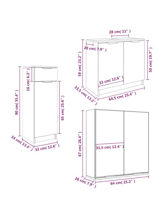 3-osainen Kylpyhuoneen kaappisarja ruskea tammi tekninen puu