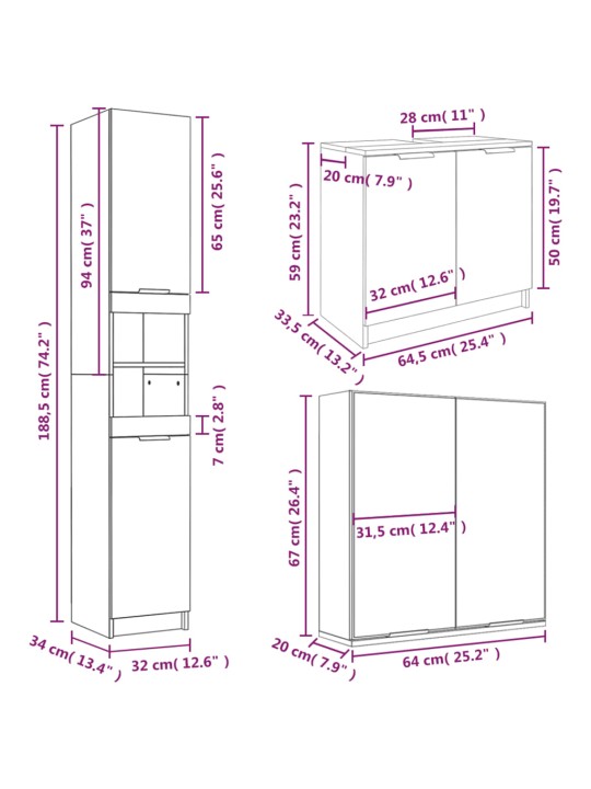3-osainen Kylpyhuoneen kaappisarja savutammi tekninen puu