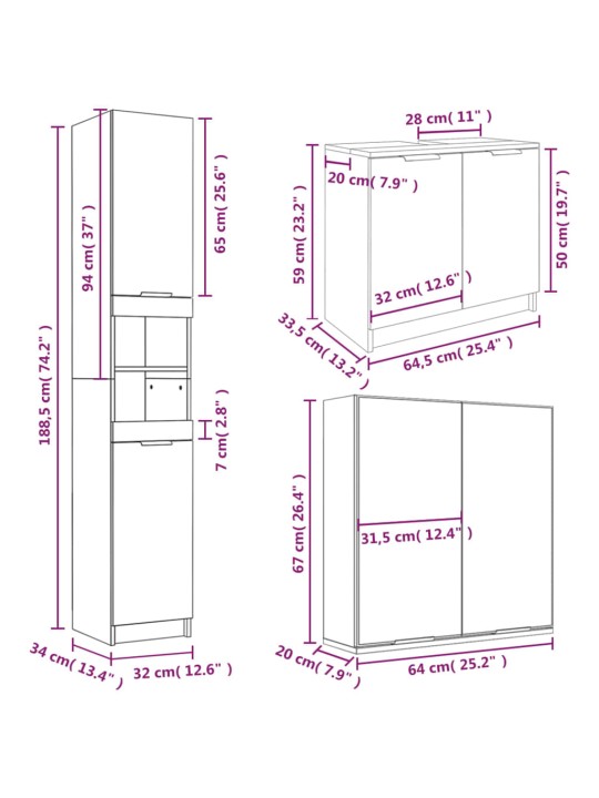 3-osainen Kylpyhuoneen kaappisarja ruskea tammi tekninen puu