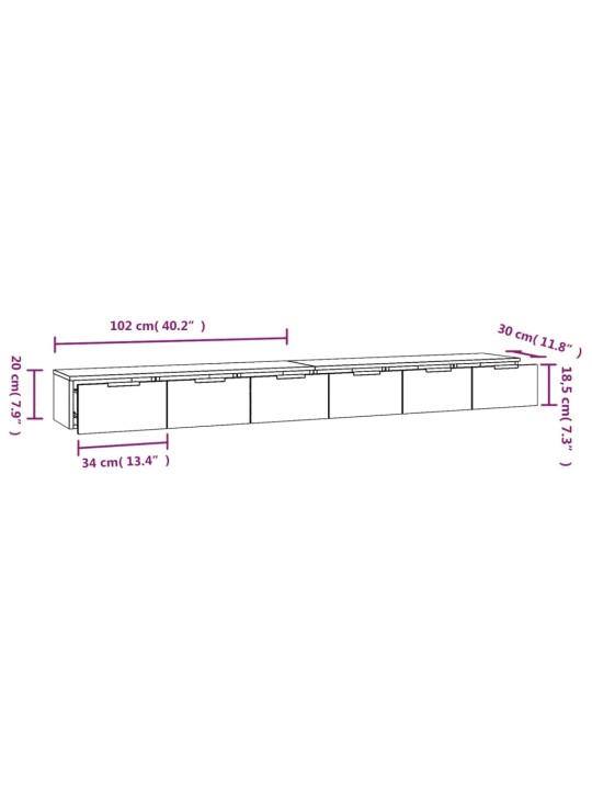 Seinäkaapit 2 kpl Sonoma-tammi 102x30x20 cm tekninen puu