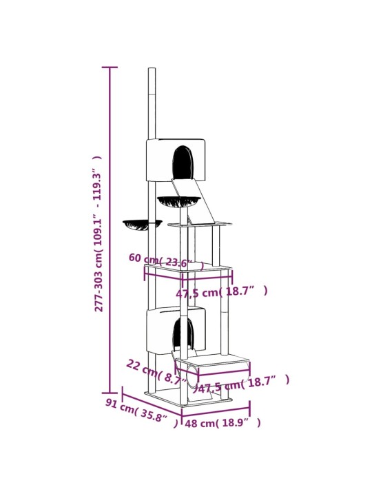 Kattoon asti yltävä kissan kiipeilypuu harmaa 277-303 cm