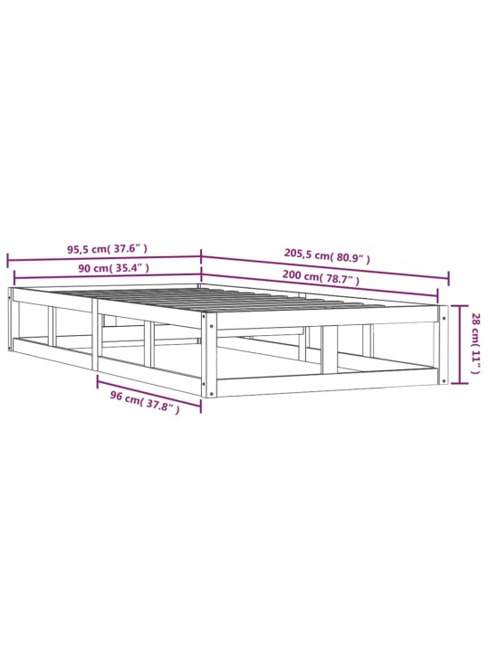 Sängynrunko musta 90x200 cm täysi puu