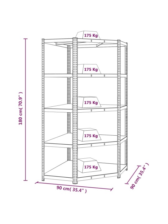 5-tasoinen Varastokulmahylly antrasiitti teräs ja tekninen puu