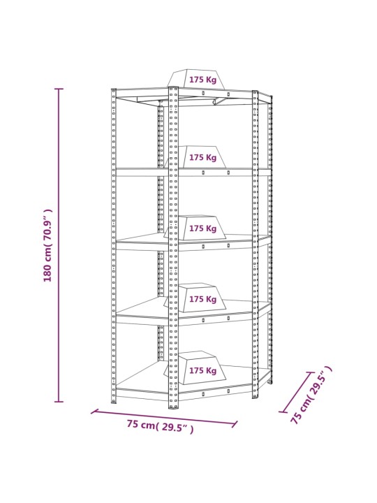 5-tasoinen Varastokulmahylly antrasiitti teräs ja tekninen puu