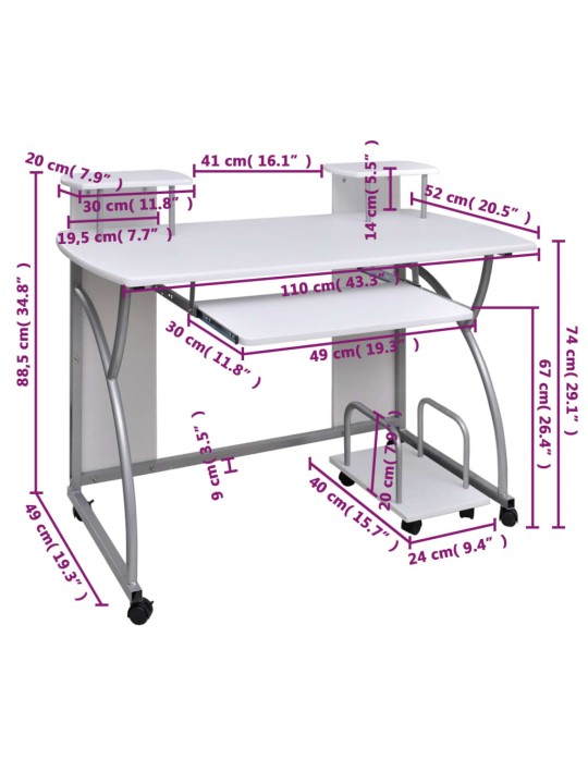 Tietokonepöytä valkoinen 110x52x88,5 cm tekninen puu