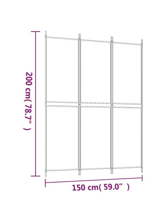 3-paneelinen Tilanjakaja valkoinen 150x200 cm kangas