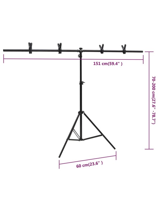 T-muotoinen taustakankaan teline musta 151x60x(70-200) cm