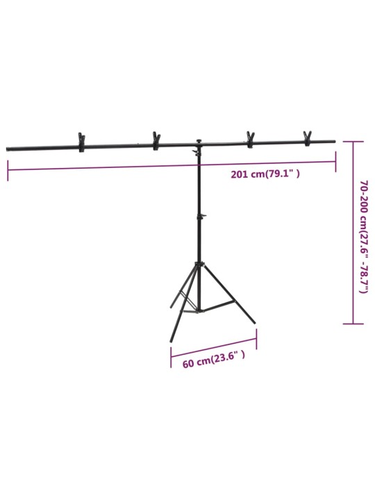 T-muotoinen taustakankaan teline musta 201x60x(70-200) cm