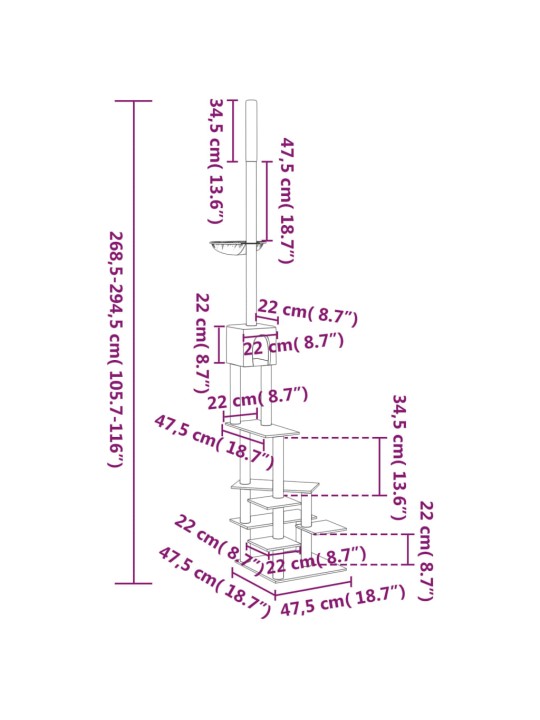 Kattoon asti yltävä kissan kiipeilypuu kerma 268,5-294,5 cm