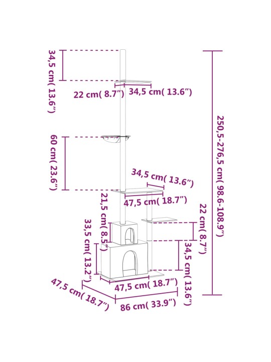 Kattoon asti yltävä kissan kiipeilypuu kerma 250,5-276,5 cm