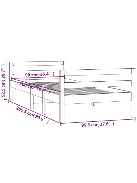 Sängynrunko musta 90x200 cm täysi mänty