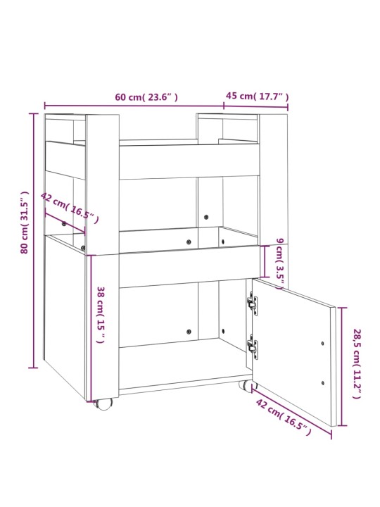 Keittiövaunu betoninharmaa 60x45x80 cm tekninen puu