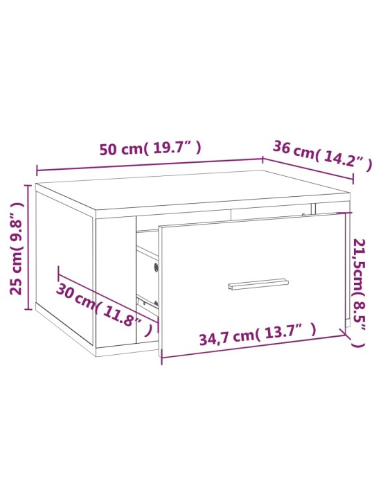 Seinäkiinnitettävät yöpöydät 2 kpl valkoinen 50x36x25 cm