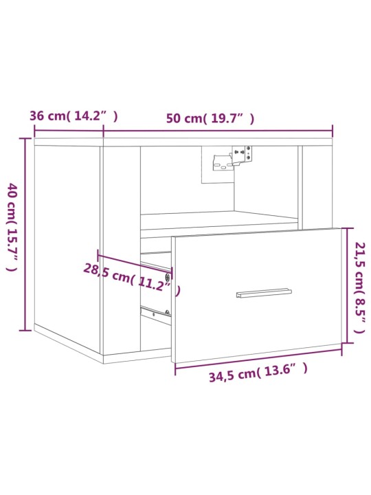 Seinäkiinnitettävä yöpöytä ruskea tammi 50x36x40 cm