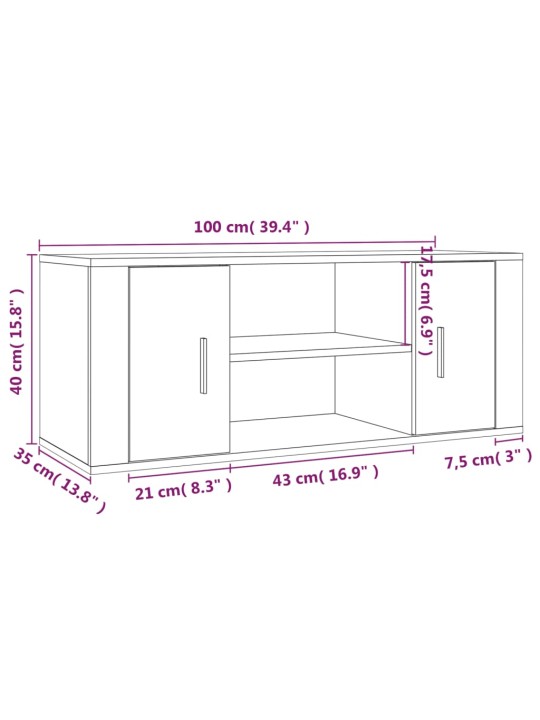 TV-taso betoninharmaa 100x35x40 cm tekninen puu