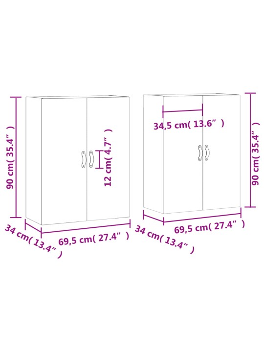 Seinäkiinnitettävät kaapit 2 kpl betoninharmaa 69,5x34x90 cm