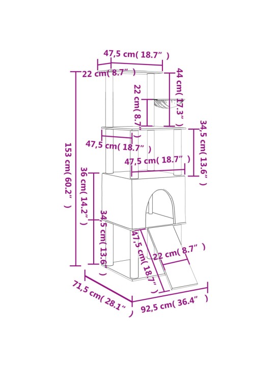 Kissan kiipeilypuu sisal- raapimispylväillä vaaleanharm. 153 cm