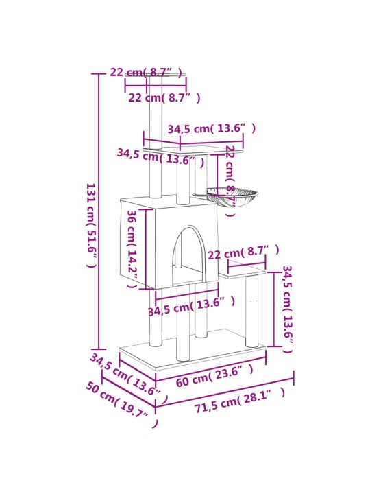 Kissan kiipeilypuu sisal- raapimispylväillä kerma 131 cm